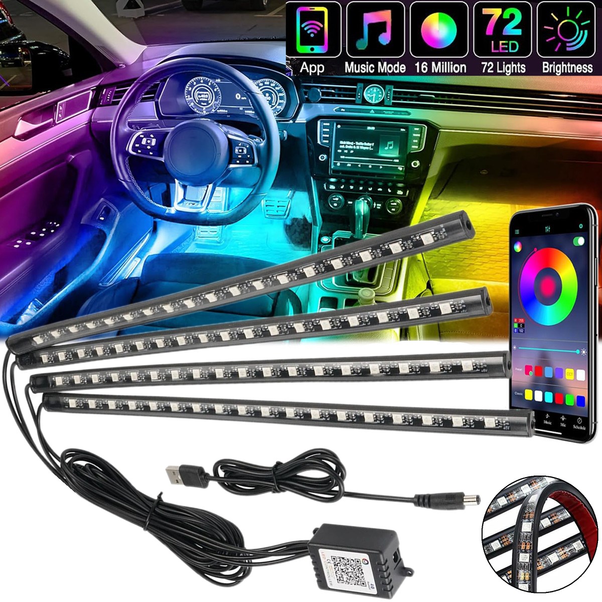 Car Interior Neon Light Usb - 4PCS 72 LED RGB Lampu Atmosfer