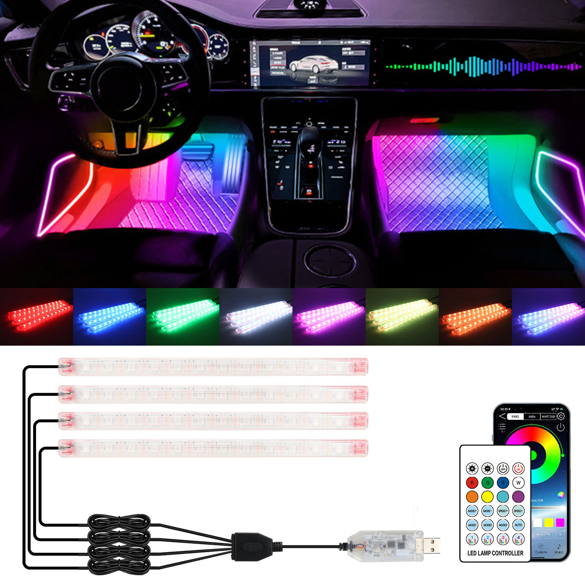 Car Interior Neon Light Usb - Lampu Dekoratif Atmosfer Pelangi RGB LED