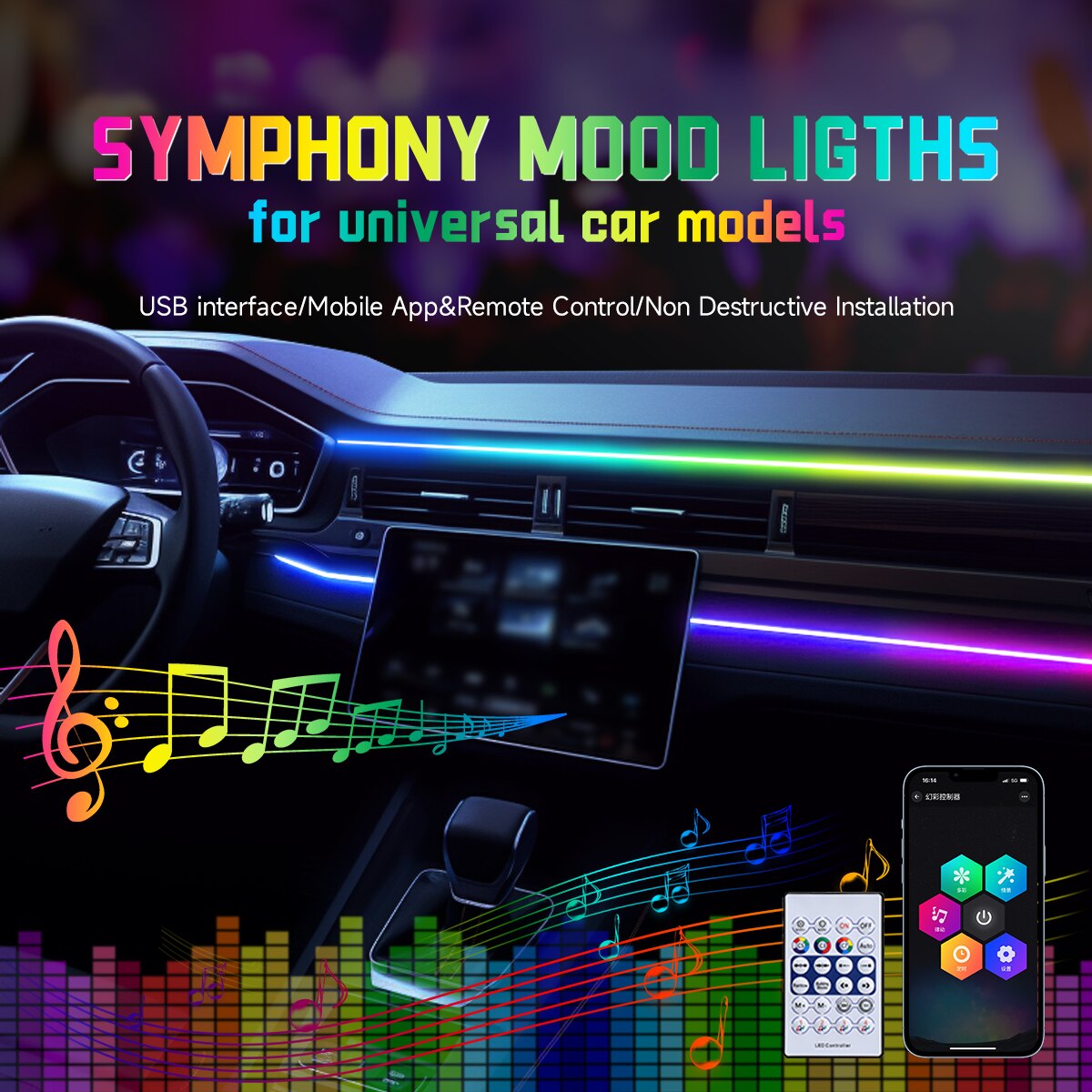 Car Ambient Light Kit With Remote - Lampu LED mobil USB 64 warna,