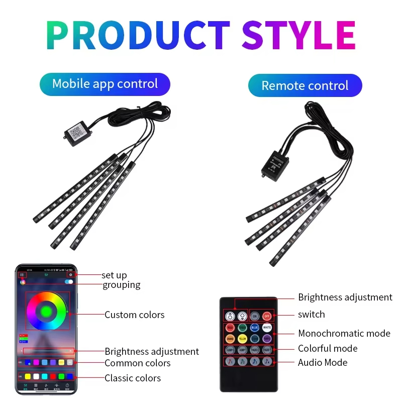 Lampu Latar RGB Aplikasi Jarak - Car Ambient Light Kit With Remote ulasan dan harga